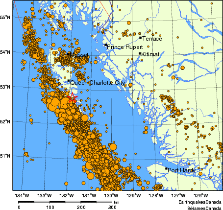 carte des des séismes de magnitude 2,0 et plus depuis 2000