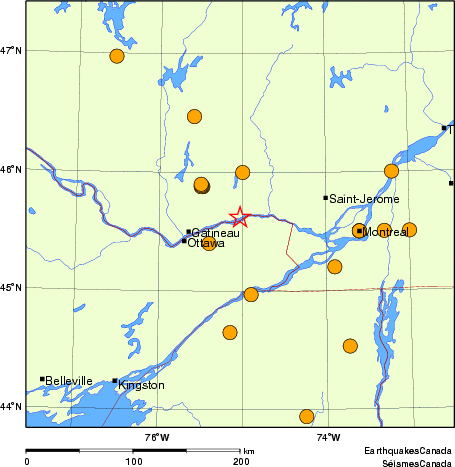 Map of historical earthquakes magnitude 5.0 and larger.  Details in the data table below