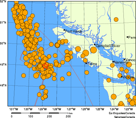 Map of historical earthquakes magnitude 5.0 and larger.  Details in the data table below