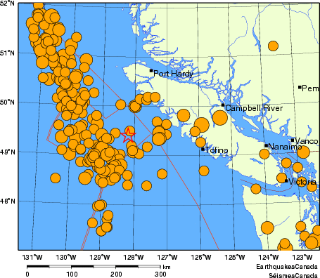 Map of historical earthquakes magnitude 5.0 and larger.  Details in the data table below