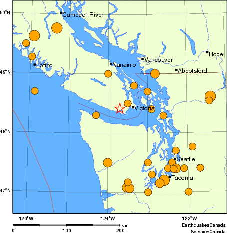 Map of historical earthquakes magnitude 5.0 and larger.  Details in the data table below