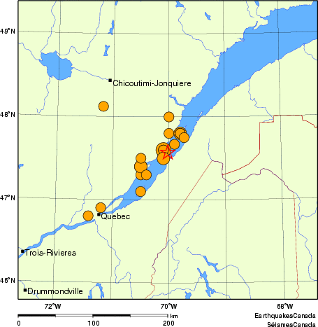 Map of historical earthquakes magnitude 5.0 and larger.  Details in the data table below