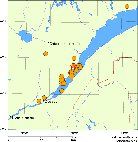 Map of historical earthquakes magnitude 5.0 and larger.  Details in the data table below