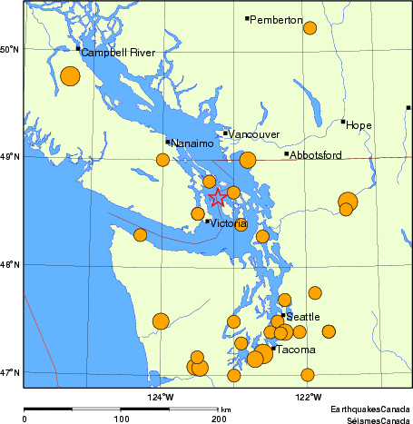 Map of historical earthquakes magnitude 5.0 and larger.  Details in the data table below