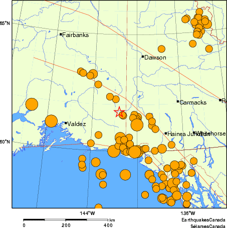 Map of historical earthquakes magnitude 5.0 and larger.  Details in the data table below