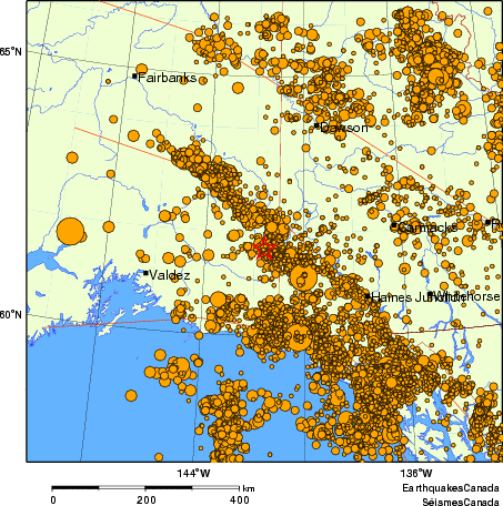 carte des des séismes de magnitude 2,0 et plus depuis 2000