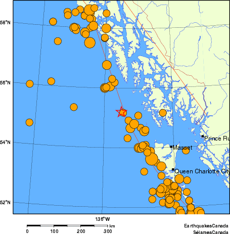 Map of historical earthquakes magnitude 5.0 and larger.  Details in the data table below