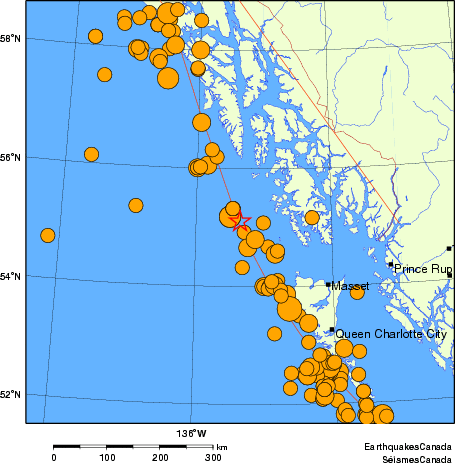 carte des séismes historiques de magnitude 5,0 et plus.  Détails dans le tableau de données ci-dessous