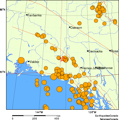 carte des séismes historiques de magnitude 5,0 et plus.  Détails dans le tableau de données ci-dessous