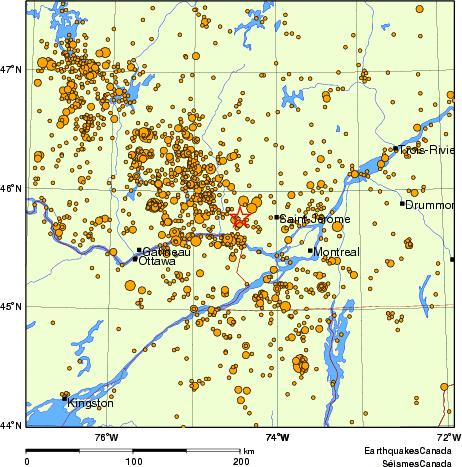 carte des des séismes de magnitude 2,0 et plus depuis 2000