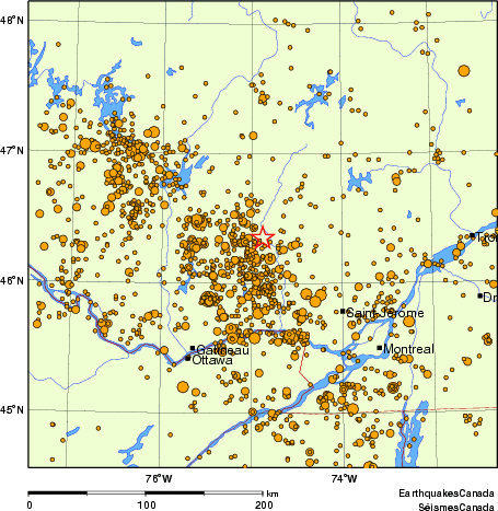 carte des des séismes de magnitude 2,0 et plus depuis 2000