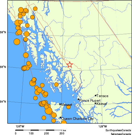 Map of historical earthquakes magnitude 5.0 and larger.  Details in the data table below