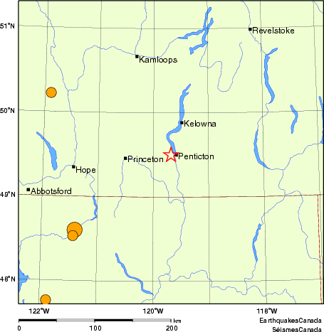 Map of historical earthquakes magnitude 5.0 and larger.  Details in the data table below