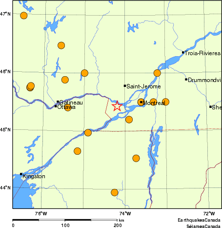 Map of historical earthquakes magnitude 5.0 and larger.  Details in the data table below