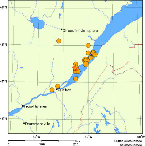 carte des séismes historiques de magnitude 5,0 et plus.  Détails dans le tableau de données ci-dessous