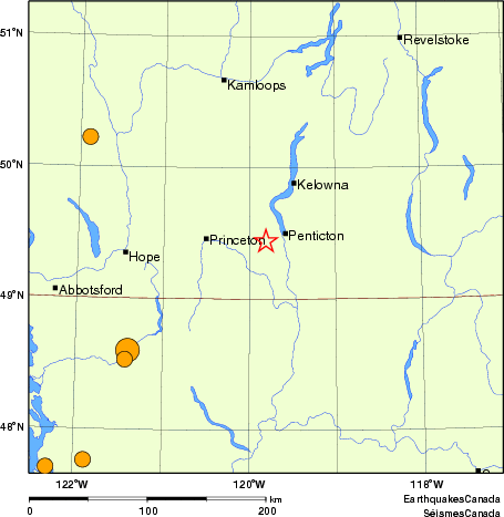 Map of historical earthquakes magnitude 5.0 and larger.  Details in the data table below