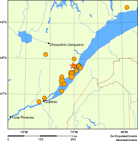 carte des séismes historiques de magnitude 5,0 et plus.  Détails dans le tableau de données ci-dessous