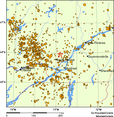 carte des des séismes de magnitude 2,0 et plus depuis 2000