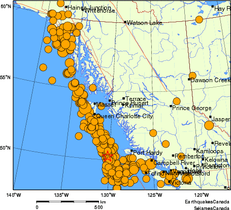 Map of historical earthquakes magnitude 5.0 and larger.  Details in the data table below