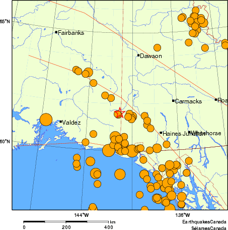 Map of historical earthquakes magnitude 5.0 and larger.  Details in the data table below