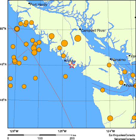 carte des séismes historiques de magnitude 5,0 et plus.  Détails dans le tableau de données ci-dessous