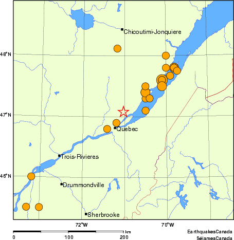 carte des séismes historiques de magnitude 5,0 et plus.  Détails dans le tableau de données ci-dessous