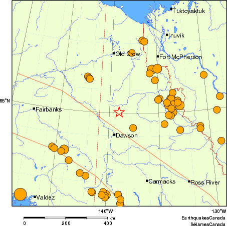 Map of historical earthquakes magnitude 5.0 and larger.  Details in the data table below