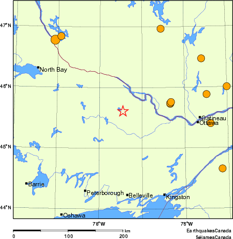 Map of historical earthquakes magnitude 5.0 and larger.  Details in the data table below