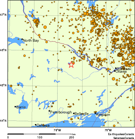 carte des des séismes de magnitude 2,0 et plus depuis 2000