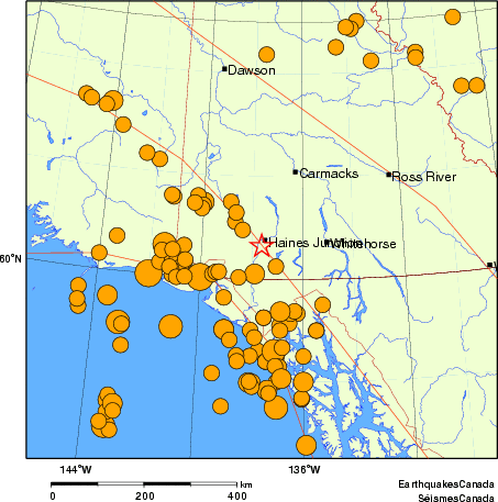 Map of historical earthquakes magnitude 5.0 and larger.  Details in the data table below