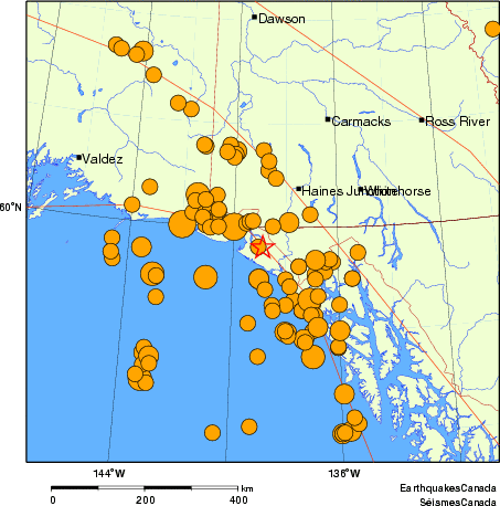 carte des séismes historiques de magnitude 5,0 et plus.  Détails dans le tableau de données ci-dessous