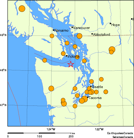 Map of historical earthquakes magnitude 5.0 and larger.  Details in the data table below