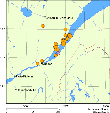 Map of historical earthquakes magnitude 5.0 and larger.  Details in the data table below