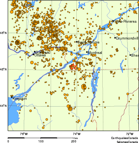 carte des des séismes de magnitude 2,0 et plus depuis 2000