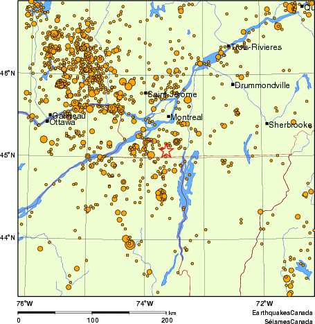 carte des des séismes de magnitude 2,0 et plus depuis 2000