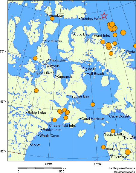 carte des séismes historiques de magnitude 5,0 et plus.  Détails dans le tableau de données ci-dessous