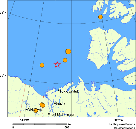 Map of historical earthquakes magnitude 5.0 and larger.  Details in the data table below