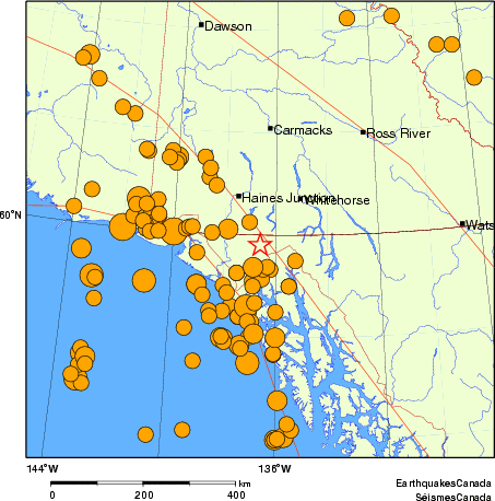 Map of historical earthquakes magnitude 5.0 and larger.  Details in the data table below