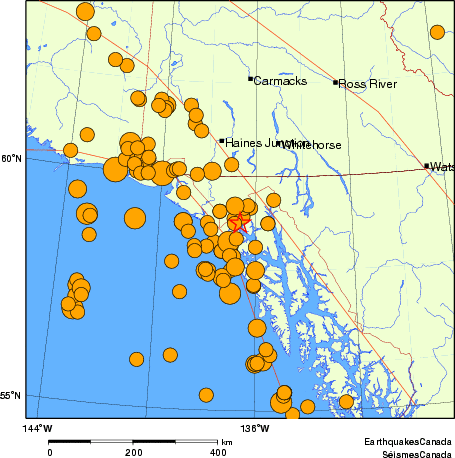 Map of historical earthquakes magnitude 5.0 and larger.  Details in the data table below