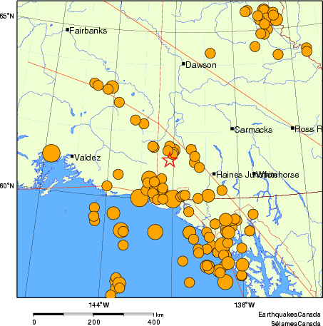 Map of historical earthquakes magnitude 5.0 and larger.  Details in the data table below