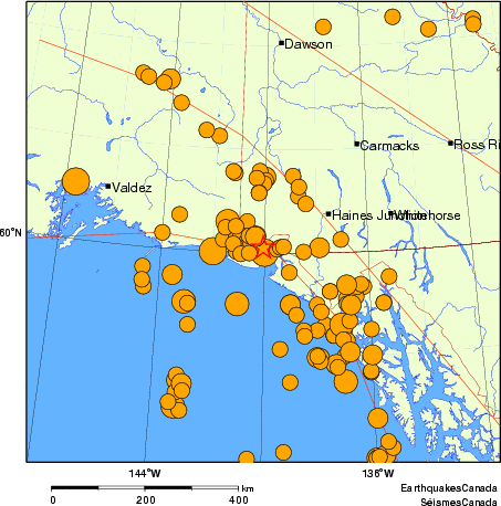 carte des séismes historiques de magnitude 5,0 et plus.  Détails dans le tableau de données ci-dessous