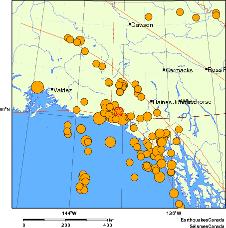 Map of historical earthquakes magnitude 5.0 and larger.  Details in the data table below