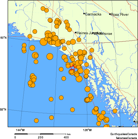 carte des séismes historiques de magnitude 5,0 et plus.  Détails dans le tableau de données ci-dessous