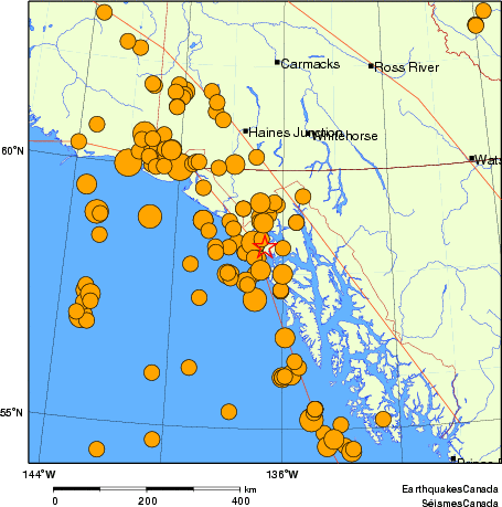 Map of historical earthquakes magnitude 5.0 and larger.  Details in the data table below