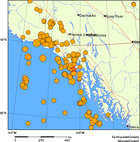 Map of historical earthquakes magnitude 5.0 and larger.  Details in the data table below