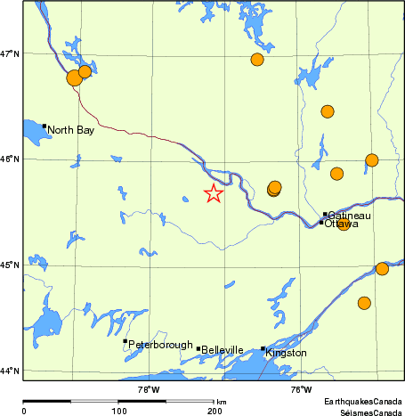 Map of historical earthquakes magnitude 5.0 and larger.  Details in the data table below