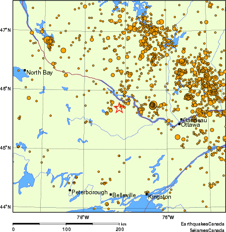 carte des des séismes de magnitude 2,0 et plus depuis 2000