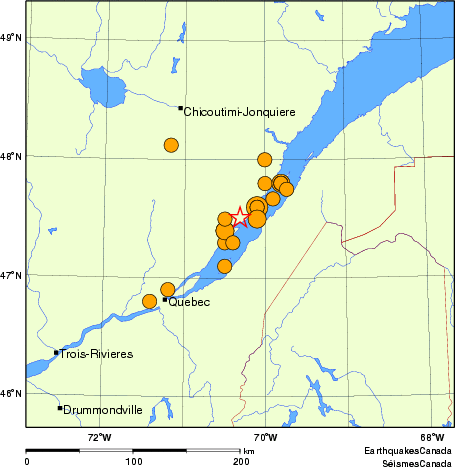 carte des séismes historiques de magnitude 5,0 et plus.  Détails dans le tableau de données ci-dessous