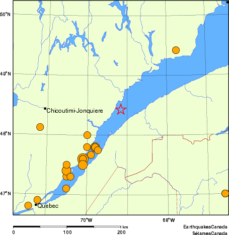 Map of historical earthquakes magnitude 5.0 and larger.  Details in the data table below