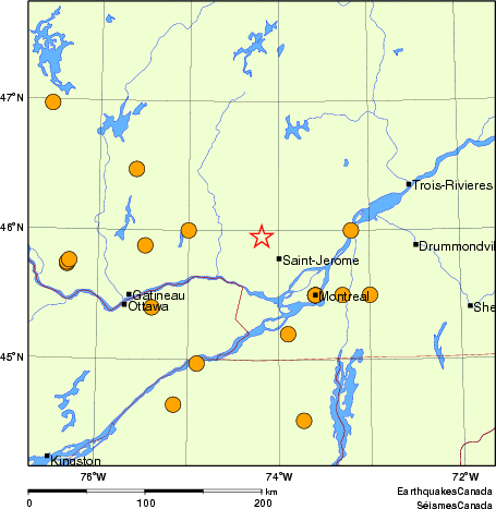 Map of historical earthquakes magnitude 5.0 and larger.  Details in the data table below